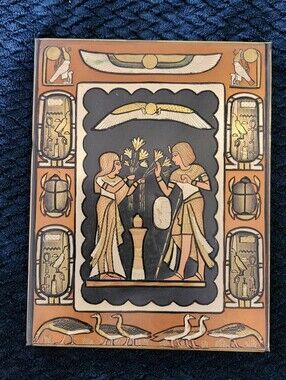 vintage Egyptian papyrus Metal And Wood depicting a pharaonic marriage scene.
